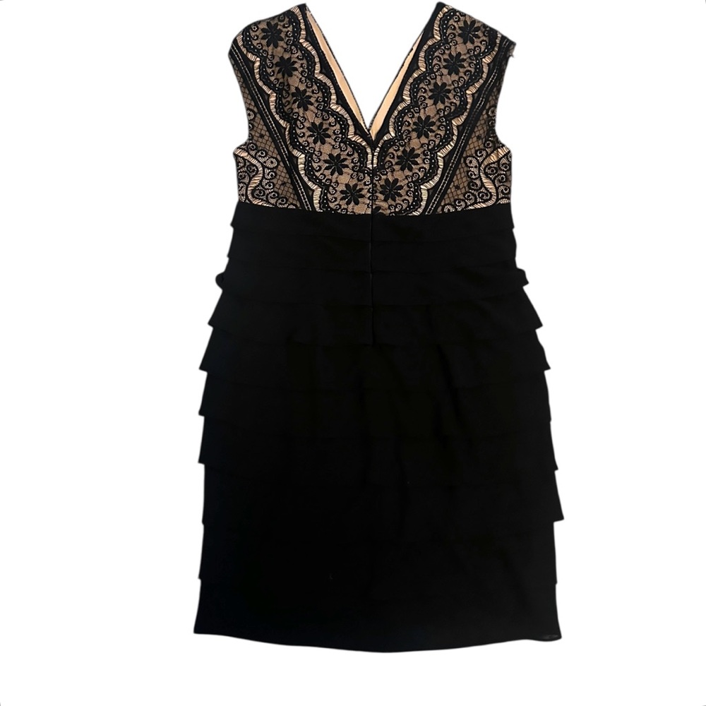 Adrianna Papell Sheath Dress Black Sleeveless Lace Ruffle Tiered Women's Sz 14P